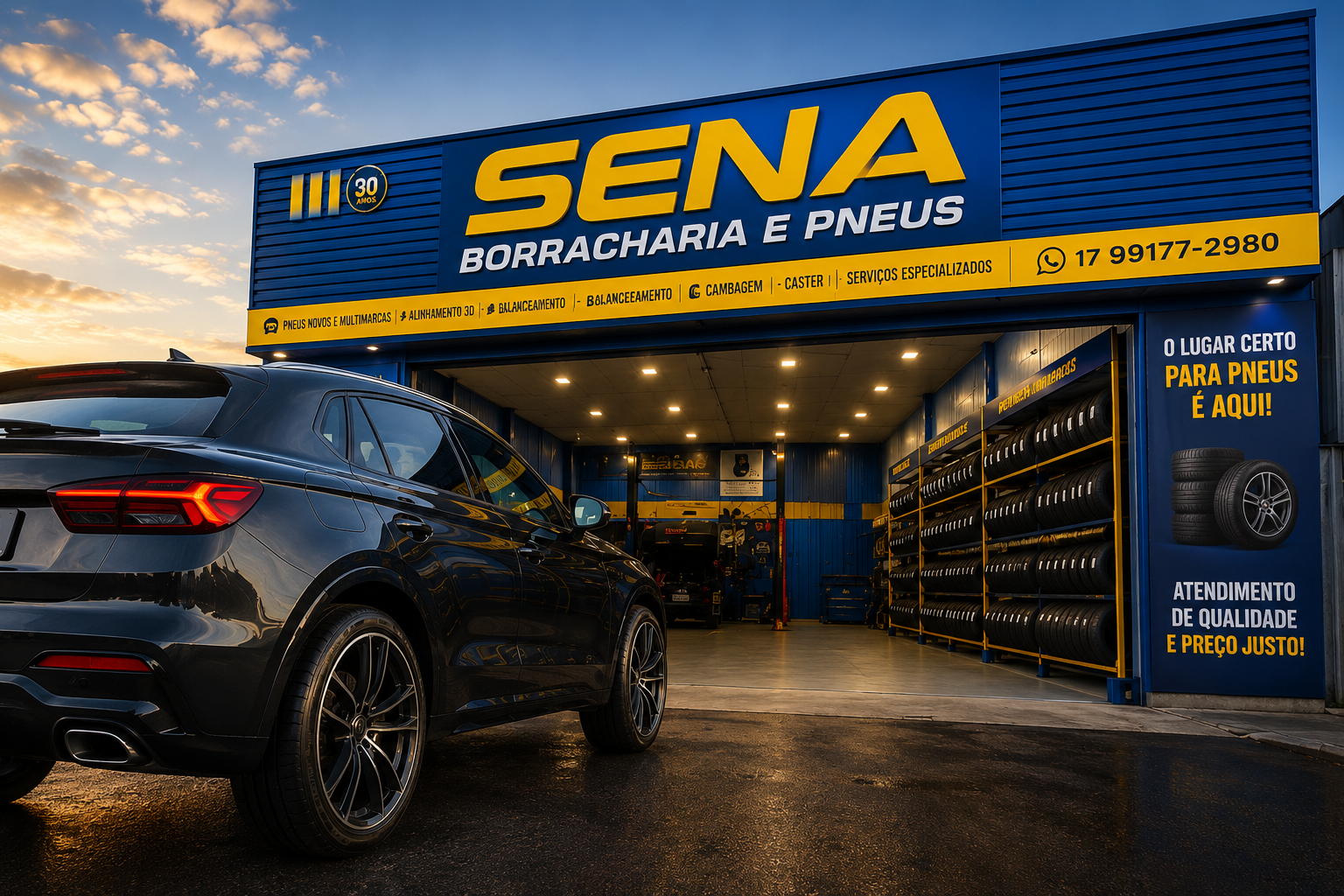 Oficina moderna da Sena Pneus em Olímpia com pneus e equipamentos profissionais